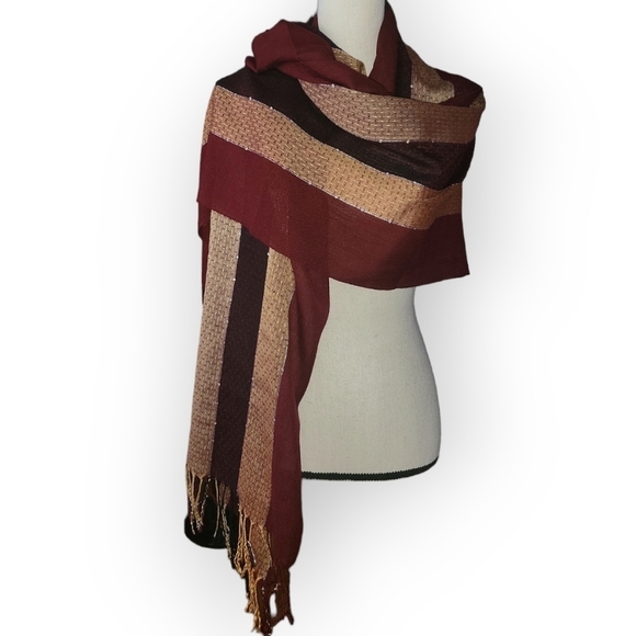 Pashmina Warm Burgundy & Gold Silver Sequins Fringed Silk Blend Shawl Scarf - Picture 1 of 5